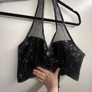 Holographic Faux Leather Halter neck top with corset style lace up back